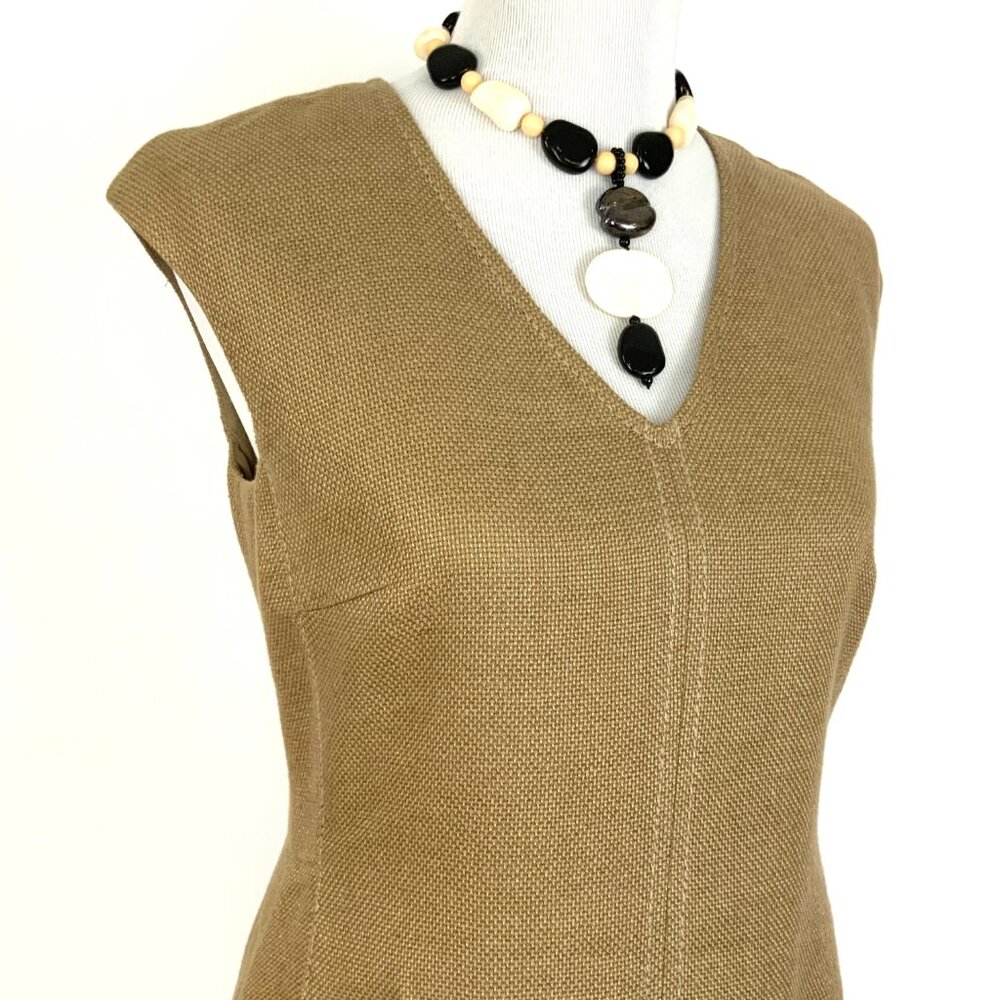 Les Copains BVM SPA Tan Textured V Neck Sleeveless Linen Blend Dress Sz 42 (6)